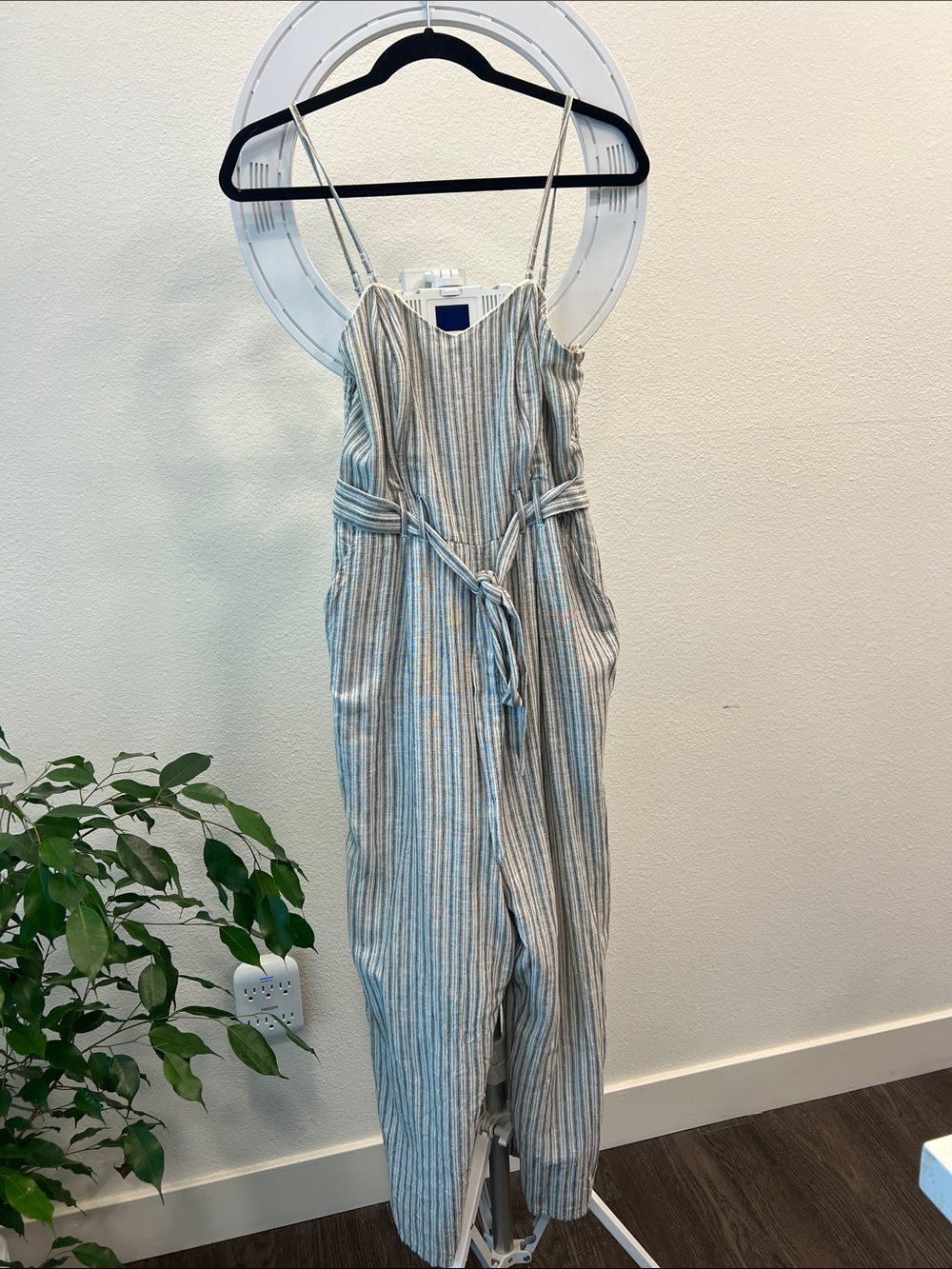 American Eagle Outfitters Blue and White Striped Linen-Blend Jumpsuit